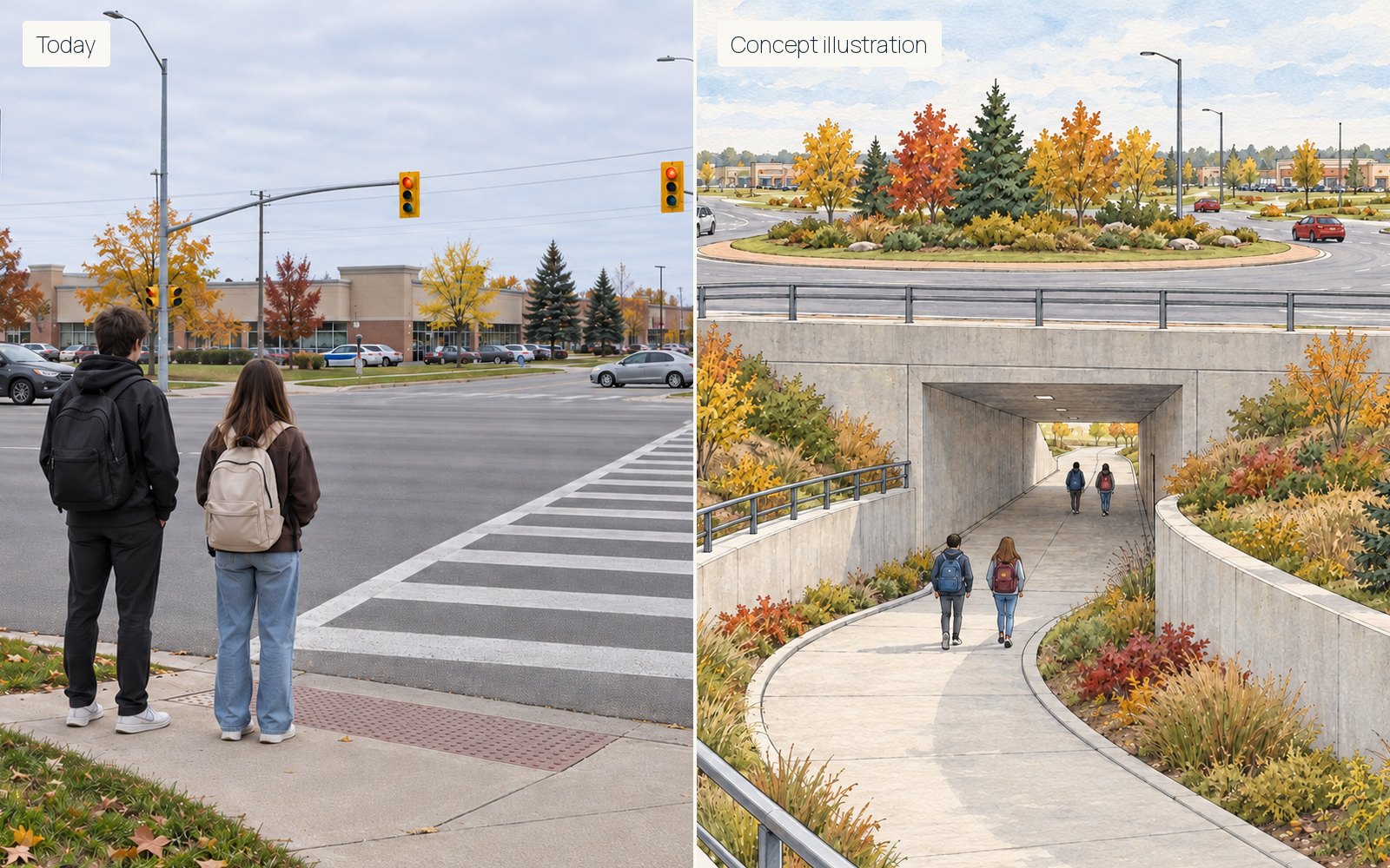 AI-generated illustration of two students at an imagined road crossing. The desktop comparison also shows an underpass concept, not the Region's design.