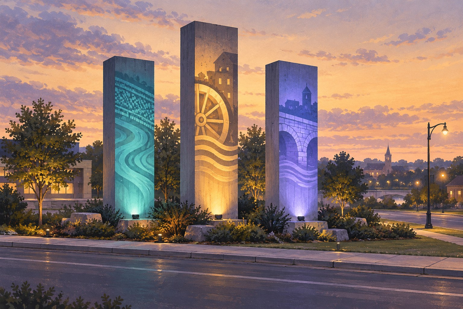 Concept illustration of three lit concrete gateway pillars.