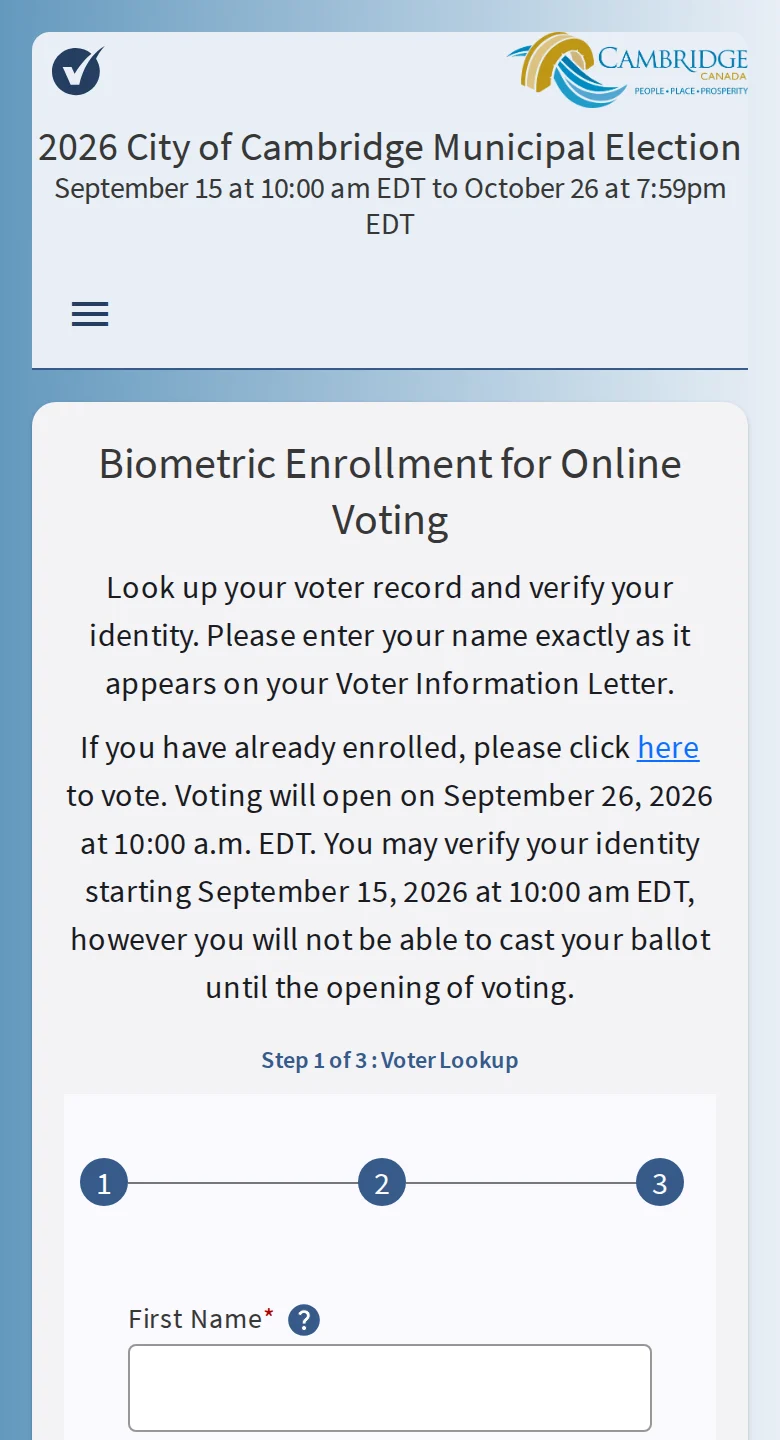 City screen titled Biometric Enrollment for Online Voting, at Step 1 of 3, Voter Lookup, with a blank First Name field.