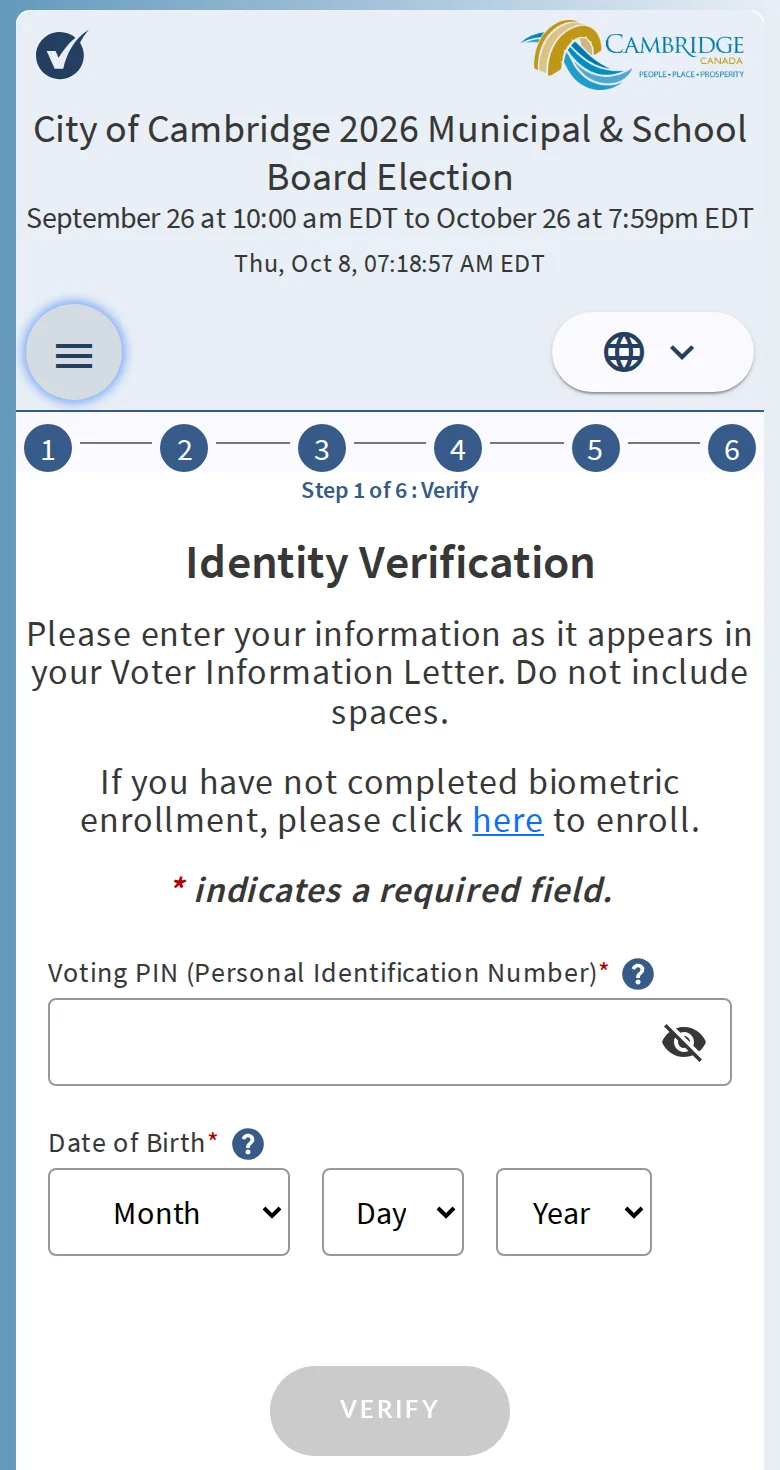 City voting screen titled Identity Verification, at Step 1 of 6, Verify, with blank Voting PIN and date of birth fields and a VERIFY button.