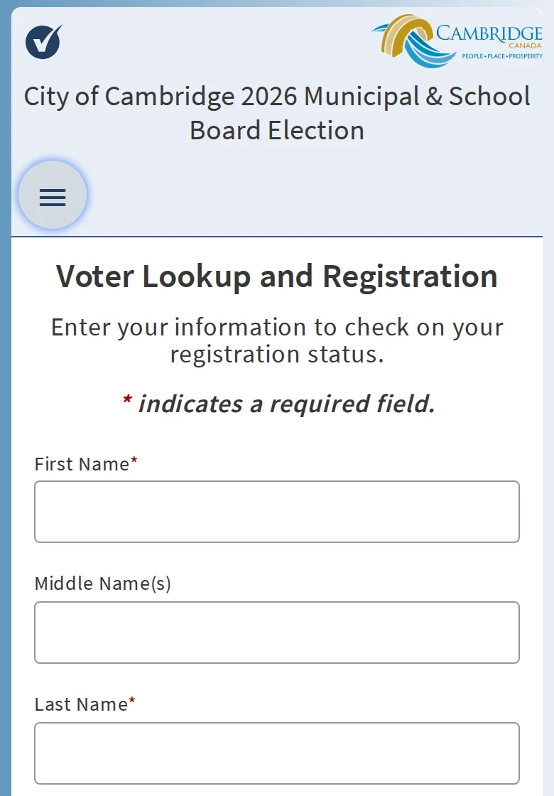 City screen titled Voter Lookup and Registration, with blank fields for first name, middle names and last name.